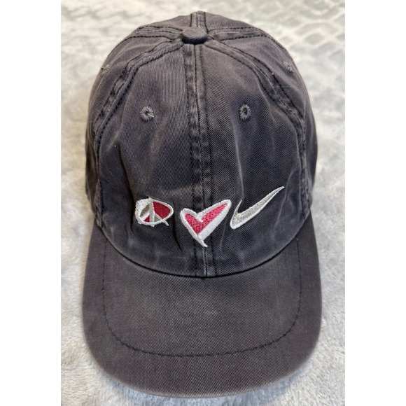 Vintage Nike Hat 90s Peace Love Swoosh Stretch Back Cap Black Made In USA